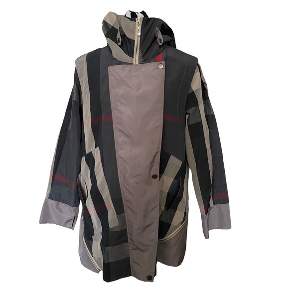 Raincoat Dorman Fashions Hooded Plaid Sz M Zip Snap Closure Pockets Stripes Read - Picture 2 of 13